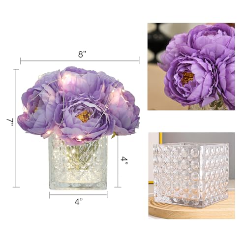 Artificial Peony Silk Flower Centerpieces with LED Light Faux Floral Arrangement in Glass Vase for Home Wedding Table Decoration (Purple) - color: Light-purple