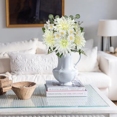GnFlus Dahlia Artificial Flowers, 12PCS Mixed White Faux Flowers with Dahlia & Daisies, Up to 20.4 Inch Long Silk Fake Flowers for Vase DIY Wedding Bouquet Party Centerpieces Arrangement Home Decor - color: Dahlia, White