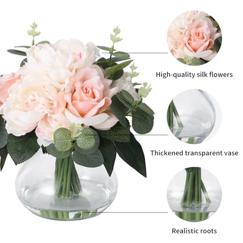 Lifelike Artificial Flower Arrangements with 4 Roses + 4 Peonies in Glass Vase with Faux Water for Wedding & Home Table Centerpieces - color: Peony & Rose With Faux Water, size: Pink