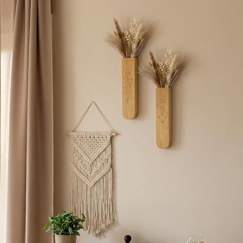 Wood Wall Vase Set of 2, 11.6 x 2.52 x 1.37 Inch for Dried Flowers and Faux Greenery Plants for Bathroom, Kitchen, Farmhouse, Dining Room Wall Decor (Natural) - color: Natural