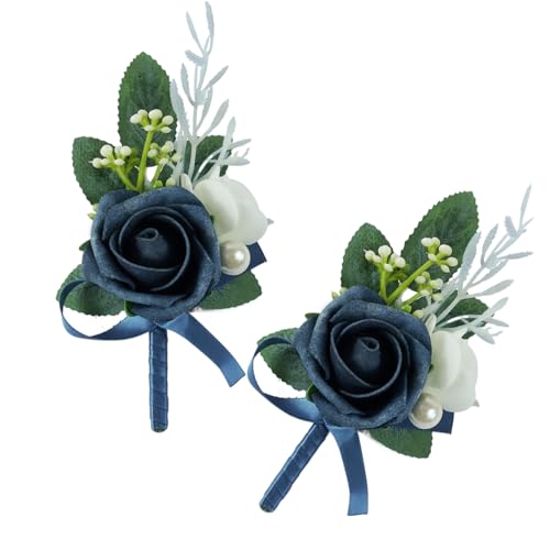 Set of 2 Navy Blue Rose Boutonniere for MenWedding, Groom Groomsman Artificial Flowers for Wedding Anniversary Celebration,Prom,Party,Home Decoratio (Navy Blue) - color: Navy Blue