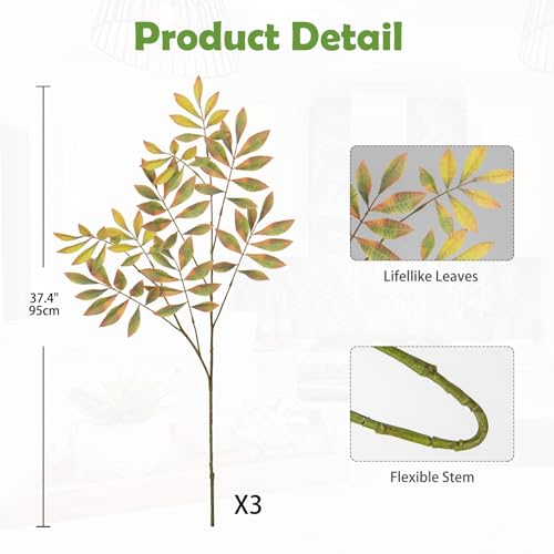 3PCS Artificial Greenery Stems Fall Leaves Stems Faux Branches for Vase 37.4 Inch Tall Fake Chestnut Leaves Branches Plants Leaf Bushes for Floral Arrangement Vase Bouquets Party Home Decor Yellow - color: Chestnut - Yellow