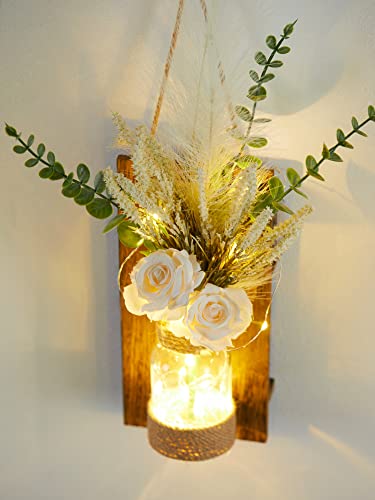 Anna's Whimsy 2PACK Mason Jar Sconce Wall Decor Rustic with Remote Control LED Fairy Lights - Artificial Flowers Spring Decorations for Home Bedroom Farmhouse(White Rose)