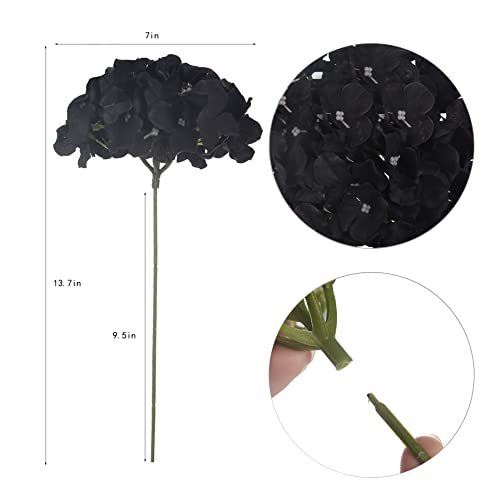 10PCS Silk Hydrangea Heads with Stems Artificial Flowers for Wedding Party Home Decor (Black) - color: Black