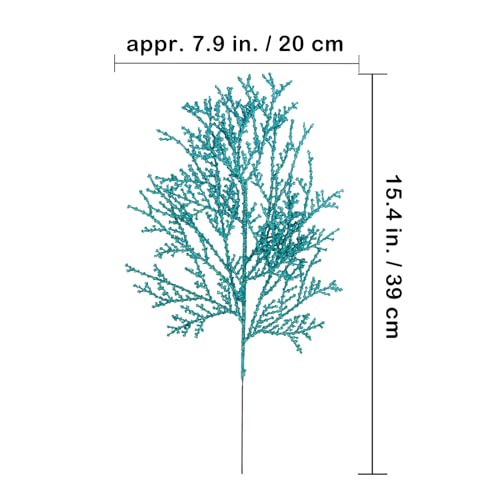 Winlyn 15 Pcs Teal Glitter Artificial Cedar Picks Sprays Christmas Floral Picks Faux Cedar Branches Stems Teal Christmas Tree Picks 15.4" H for Floral Arrangement Wreath Swag Winter Centerpiece - color: Teal