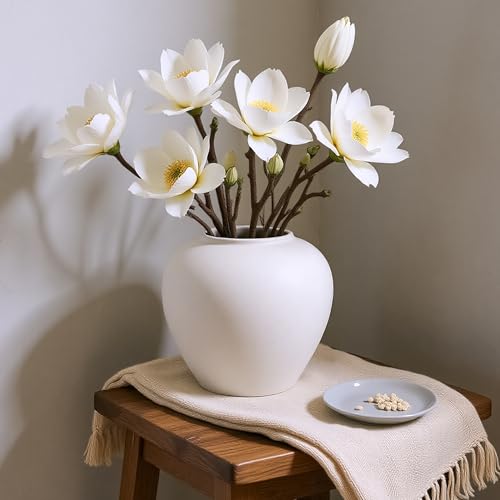 Rustic Matte Ceramic Vase for Home Decor, 7.48 Inch Farmhouse Minimalist White Round Vase for Flowers, Living Room, Kitchen, Table, Entryway, Decorative Pottery Vases for Centerpiece, Bedroom