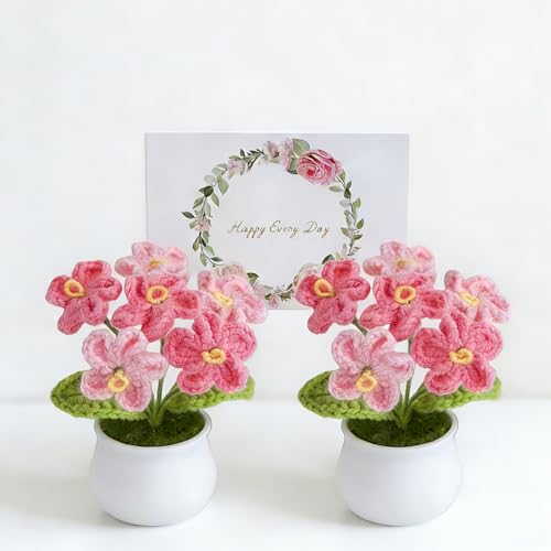 Handmade Forget Me Not Potted - Crochet Myosotis Flowers, Valentines Day Artificial Flower Gift for Women, Cute Crochet Flower Decor for Home Office Desk (DFM-GPINK) - color: Dfm-gpink