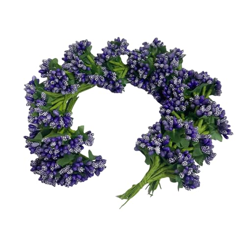 144pcs Artificial Mini Deep Purple Flower Stamen Pistil and Soft Stem,20mm Tiny Berry for DIY Make Bridal Hair Clips,Cake Top,Wrist Corsage Boutonniere,Candle Rings Wreath Bracelet Flower - color: Deep Purple