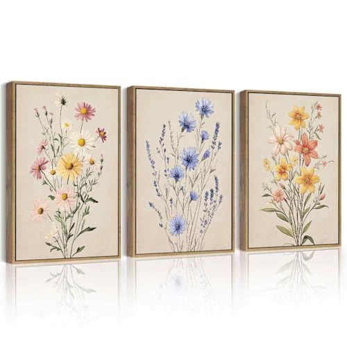PHOPAGO Vintage Wildflower Bouquet Framed Wall Art Botanical Flower Wall Decor Modern Colorful Floral Living Room Bedroom Hanging Decor - 11x14in Natural Framed - color: Multicolour Floral, size: 14L" x 11W" x 3 Pcs Natural