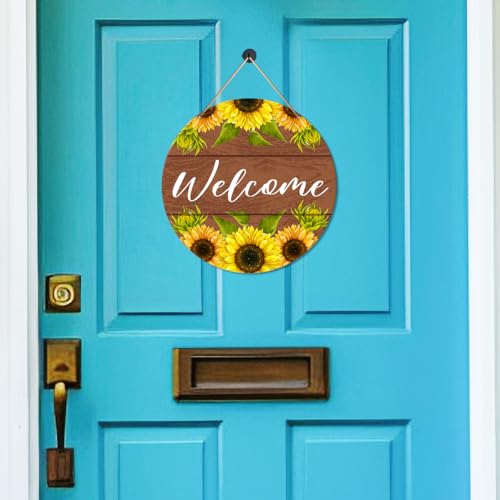 Muktoujaumai Welcome Sign Front Door Decor, Summer Welcome Round Hanging Sign Decor Farmhouse Sunflower Wall Decorations Wood Sign for Door, Porch, Home, Housewarming Gift for New House Friend Family - color: Y4