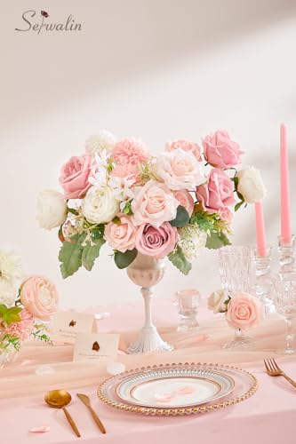 Serwalin Artificial Flowers Fake Silk Flowers for DIY Wedding Bouquets Cake Decoration Mixed Roses Combo Blush Pink and White Flower Centerpieces Arrangements for Party Table Chair Decor - color: A Abby Blush Pink, size: 1 Box