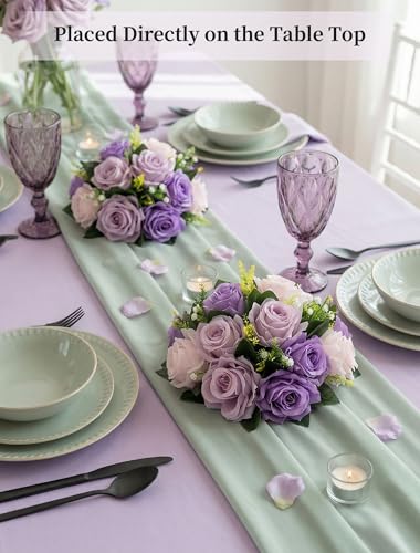 BLOSMON Wedding Rose Centerpieces Tables: Purple Lilac Pink Fake Roses | 10 Pcs Faux Flowers Balls Arrangement for Table Decor - Artificial Silk Floral Bouquet with Base Party Reception Decorations - color: Purple & Lilac & Light Pink