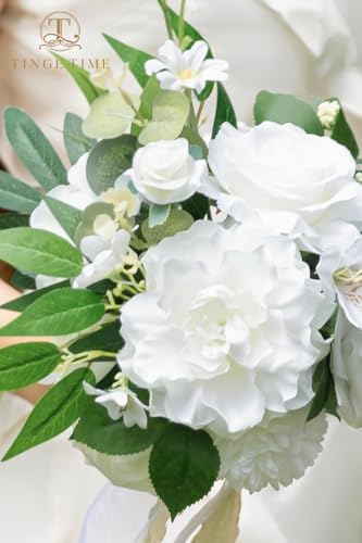 TINGE TIME 7" Bridesmaid Bouquet Set of 4, Wedding Bouquets for Bridesmaid, Perfect for Wedding Bouquets for Bride, Ideal for Bridal Shower, Rehearsal Dinner, Vintage Party (IvoryWhite) - color: Ivorywhite