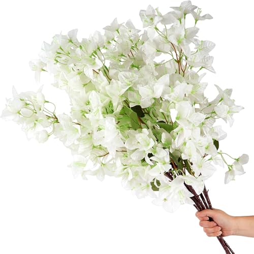 20 PCS Silk Bougainvillea Artificial Flowers，UV Resistant, 36 Branches, Long Stems Faux Flower, Realistic Fake Bougainvillea Vines, for Wedding Porch Home Party Garden DIY Decor - 38 inch (White) - color: 38inch White, size: 20 Pcs