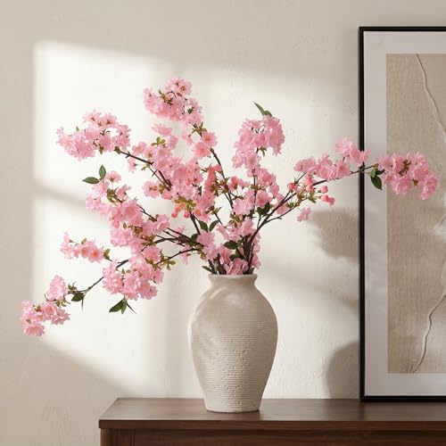 3 Pcs Rose Pink Cherry Blossom Branches 37 Inch Artificial Fake Realistic Cherry Blossom Stems Silk Faux Extra Long Stem Flowers for Tall Vase Home Decor Wedding Table Centerpieces - color: Rose Red