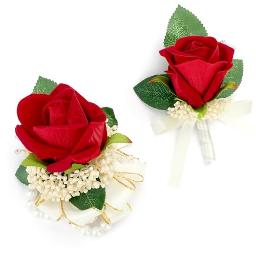 2pcs Red Corsage Wristlet Boutonniere for Men Silk Christmas Corsgea and Boutonniere Set Double Pearl Wrist Corsage Bracelets Rose Boutonniere for Wedding Party Prom Decor - color: Red Corsage - Double-cain