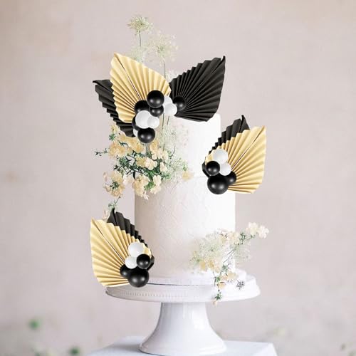 28 Pack Balls Cake Toppers, Palm Leaves Cake Decorations, Foam Balls Paper Palm Leaf Cake Insert Toppers Decorations for Birthday Wedding Baby Shower Party Decorations Black White - color: Black White