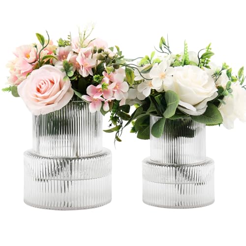 Ribbed Glass Vases for Bouquet, Set of 2 Fluted Vases for Flowers, Clear Vase for Tulips, Modern Glass Vase for Living Room, Office, Coffe Table, Dining Table, Shelf, Wedding - color: Clear, size: Ribbed Mixed Sizes (2-Pack)