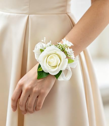 10 Pcs Ivory White Rose Wrist Corsages for Wedding Prom Party | Bride Bridesmaids Corsages, Pearls Wrist Flower for Prom Homecoming Party, Wrist Corsage for Mother of Bride and Groom - color: White Wrist Corsage 10pcs