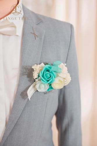 TINGE TIME Boutonniere for Men Wedding,Groom and Best Man Boutonniere for Wedding, Prom, Homecoming, Anniversary, Graduation, Christmas Dinner (1, Teal Blue & Champange) - color: Tb&cp