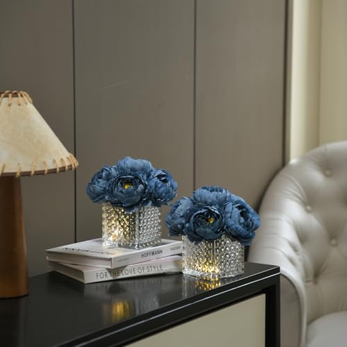 Artificial Peony Silk Flower Centerpieces with LED Light Faux Floral Arrangement in Glass Vase for Home Wedding Table Decoration (Dusty Blue) - color: Light-dusty Blue
