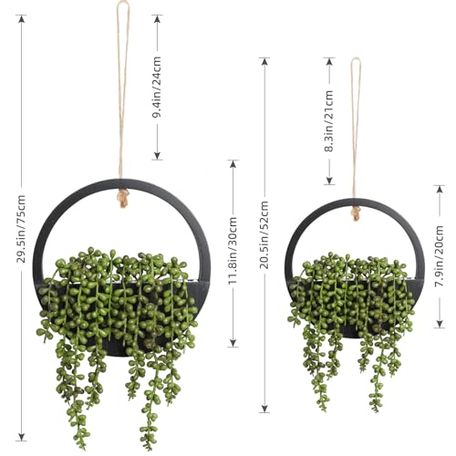 Floweroyal 2pcs Artificial Succulents Hanging Plants 20.1'' Fake String of Pearls in Pot with 9.4'' Lanyard for Indoor Outdoor Wall Decor (Black) - color: Black-large-2pcs