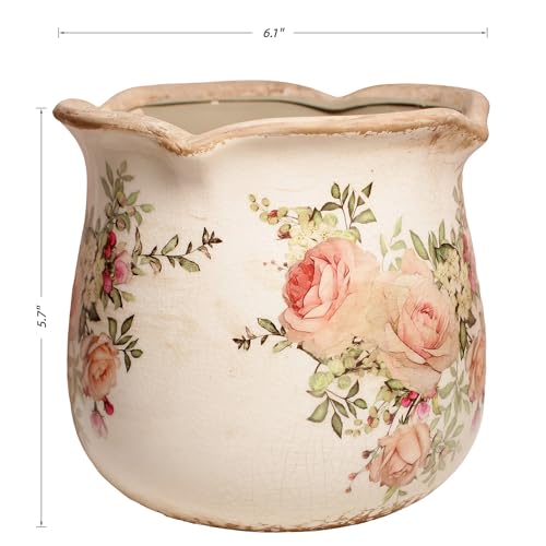 Xiaan Jiaju Ceramic Flower Vase, Rustic Farmhouse Vases & Planting Pots with Drainage, European Home Decor for Mantel Fireplace Bookshelf Wedding Centerpieces, Pink Rose Floral - color: Ivory Blush Floral
