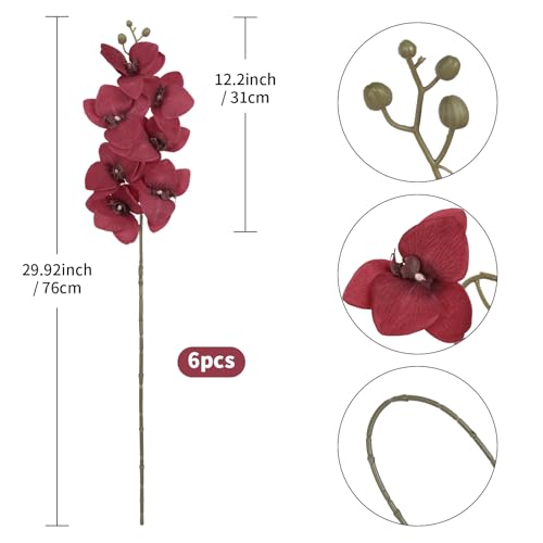 6 Pcs Burgundy Artificial Orchids Silk Flowers 30" Fake Tall Orchid Realistic Faux Phalaenopsis Flower Stems for Restaurant Hotel Wedding Party Home Decoration (Burgundy) - color: Burgundy