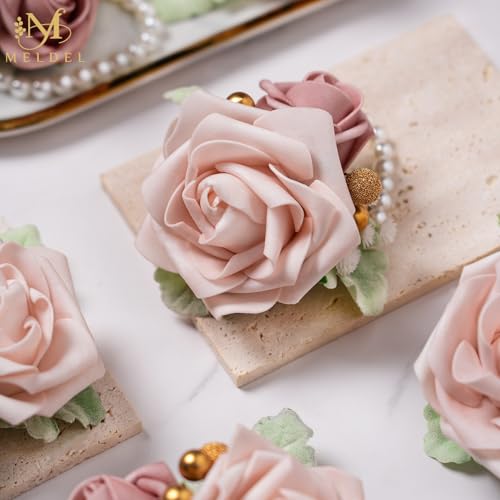 6Pcs Dusty Pink Faux Foam Rose Corsages for Women Wedding 6Pcs | Artificial Foam Rose Corsages Wristlet for Wedding Prom Bride Bridesmaids Homecoming Party Ceremony Anniversary - color: 6pcs Champagne Pink Wrist Corsage