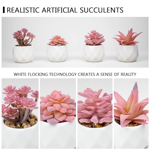 VIVERIE Mini Faux Succulents Plants Artificial in Pots-Rose Pink Desk Accessories, Small Fake Succulents Plants for Home Decor Indoor for Women, White Ceramic, Set of 4 - color: Pink