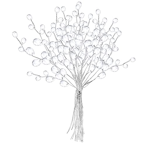 50 Stems Artificial Bouquet, Craft Acrylic Flower Wire Stem Water Drop White Pearl Beads, Handmade Floral Strands for Valentine Wedding Decortaion