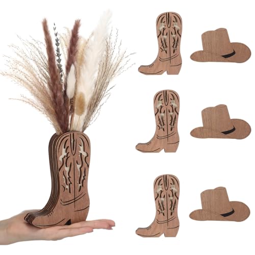LemonRoad 6 Pcs Wooden Cowboy Boot Hat Vases for Wedding Small Cowboy Boot Flower Vase for Flower Faux Greenery Rustic Western Decor for Table Centerpiece Weddings Party(Brown) - color: Brown, size: Boot,Hat