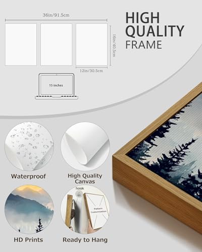 PHOPAGO Blue Fog Pine Tree Mountain Landscape Framed Wall Art Retro Watercolor Nature Misty Forest Artwork Paints Sun Rise Rustic Farmhouse Home Decor - 12x16in Natural Framed - color: Blue Mountain, size: 16L" x 12W" x 3 Pcs Natural
