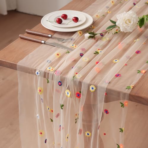 Champagne Embroidery Daisy Table Runner 10ft 120 Inch Fall Florals Gauze Tulle Sheer Cheesecloth Holiday Kitchen Dining Table Decoration for Home Wedding Party Baby Shower Birthday Decorations - color: Champagne, size: 10ft x 1Pack