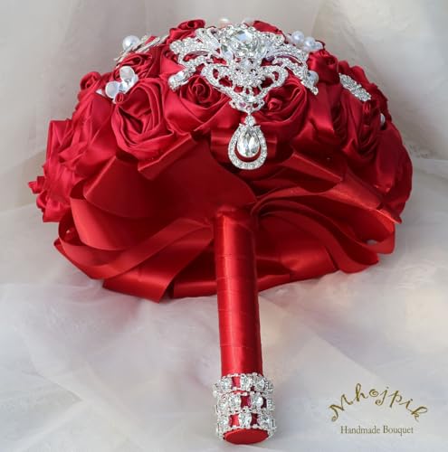 Bridal Wedding Bouquet Round Bling Brooch Bouquet Artificial Rose Flower Bunch for Bride Bridesmaid Wedding Quinceanera(Ruby Red, 9.8") - color: Ruby Red*, size: Large (Dia. 9.8"/25cm)