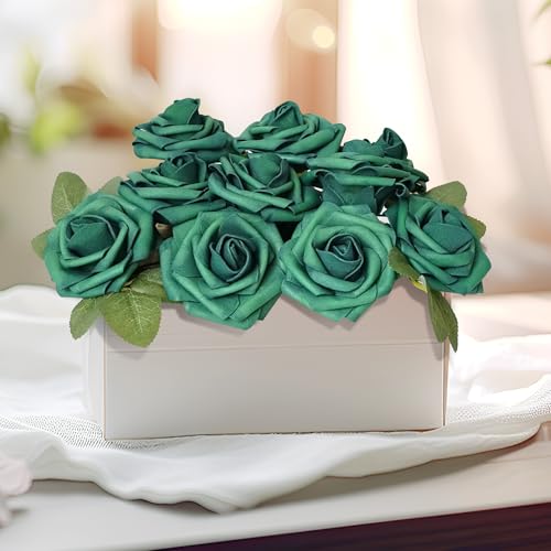 25pcs Dark Green Artificial Flower Foam Rose Real Touch Roses Flower Heads with Stem for DIY Wedding Bouquets Centerpieces Arrangements Party Baby Shower Home Decor (Dark Green) - color: Dark Green