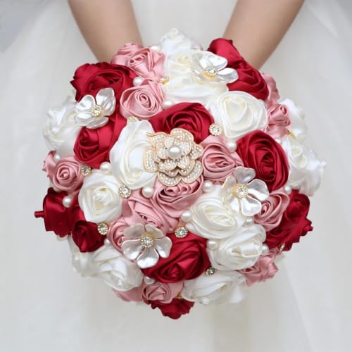 Bridal Wedding Bouquet with Rhinestone Brooch Pearl for Bride Bridesmaid Wedding Quinceanera Satin Rose Flower Bouquet Burgundy and Blush Pink Ivory 6.3in - color: Burgundy Blush & Ivory 1, size: Small (DIA. 6.3"/16cm)