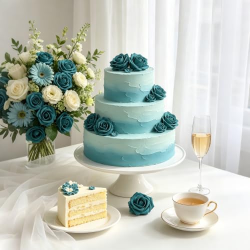 Artificial Flowers, 50pcs Artificial Rose for DIY Wedding Bouquets Centerpieces Arrangements, Dark Teal Fake Rose with Stems for Birthday Bridal Shower Graduation Events Decoration - color: Dark Teal, size: 50pcs