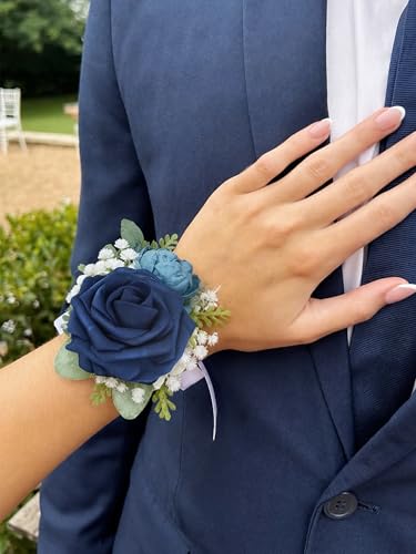 Rinlong 2Pcs Navy Blue Wrist Corsage for Wedding, Prom, Homecoming | Bridesmaid Wristlet, Mother of the Bride Flower Corsage - color: 23-navy