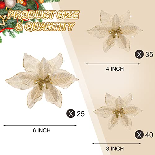 Geosar 100 Pcs 3 Size Christmas Poinsettia Flowers with Clips Glitter Artificial Flowers Small Christmas Tree Ornaments Faux for Xmas Party DIY Craft Wreath Garland New Year, 3/4/6 Inches(Gold) - color: Gold