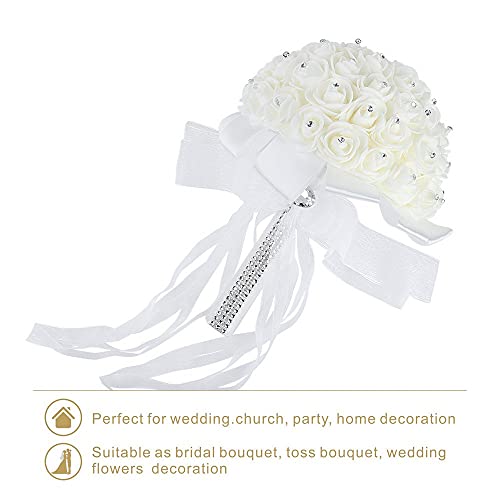 Wedding Bridal Bouquet, Handmade Crystal Ribbon Rhinestone Wedding Bridesmaid Bouquet, Bridal Artificial Rose Flowers for Ceremony Church Decoration (White-Crystal) - color: White-crystal