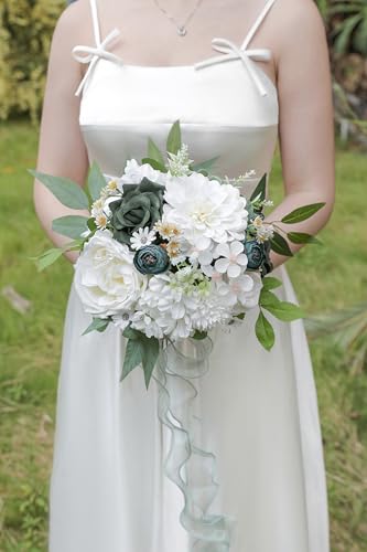 Forest Green Artificial Flowers Silk Fake Roses Peonies Greenery Combo Box Set for DIY Wedding Bouquets Bridal Shower Centerpieces Floral Arrangements Party Tables Home Decoration - color: White Dark Green