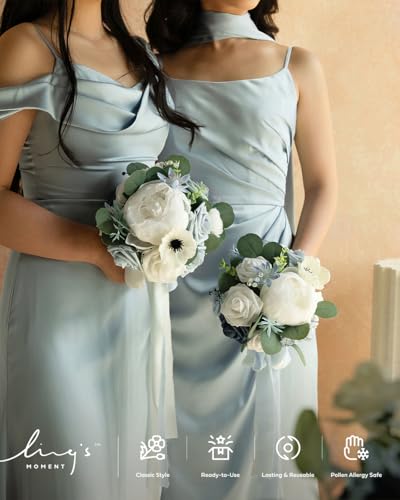 Ling's moment Artificial Bridesmaid Bouquets Set of 4,Dusty Blue Wedding Flower Bouquets White Floral Bouquet Light Blue Rose Bridal Bouquets with Ribbon,Ceremony,Anniversary,7-inch Diameter - color: Blu-dusty Blue & Navy