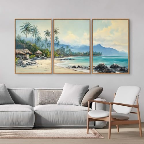 Rantodecor Tropical Coastal Framed Canvas Wall Art, Beach Landscape Posters Wall Decor, Island Palm Trees Beach House Art Paintings, Seascape Mountains Artwork for Bedroom Living Room Office 24"x36"x3 - color: Tropical Coastal, size: 36"x24"