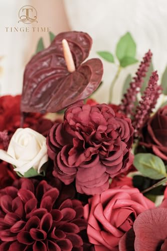 TINGE TIME 11 Inch Wedding Bouquets for Bride, Burgundy Artificial Flowers Bouquet, Brides & Bridesmaids Bouquet Tossing Bouquet for Wedding Anniversary Ceremony Bridal Shower Decorations - color: Burgundy Red