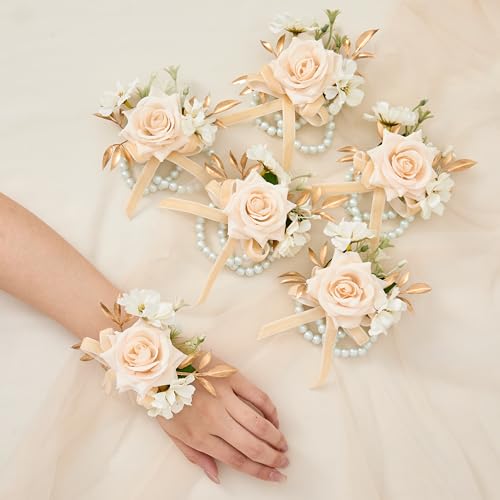 Serwalin 6Pcs Champagne Wrist Corsage for Wedding, Artificial Flowers Roses Wrist Corsage for Prom Homecoming Party Accessories for Bride Bridesmaids, Mother of Bride and Groom - color: Champagne, size: Corsage 6pcs