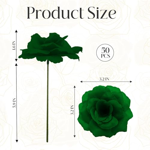 50 Pcs Rose Flower Head, Artificial Flowers Bulk for DIY Crafts, 3in Fake Rose Silk Flower Head wit Stem, Faux Flowers for Decoration, Wedding Home Party Decor Garland Decor (50, Dark Green) - color: Dark Green