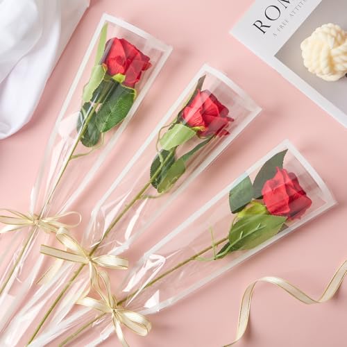 Mauproy 100Pcs Single Rose Sleeves with White Edges, Single Flower Bags with Ribbons Plastic Flower Wrap for Graduation, Flower Bars, Florist Supplies - color: White Edges