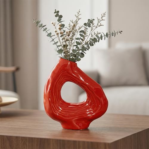 Sunddo Ceramic Flower Vase, 9 Inch Donut Modern Vase for Home Decor, Art Decorative Vase for Living Room, Boho, Bathroom, Shelf, Dining Table Decor - color: Red, size: 9 inch