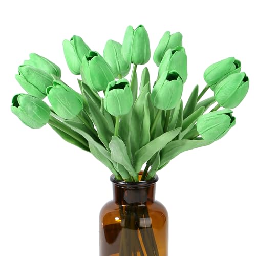SITUMEIZI 15pcs Green Tulips Fake Artificial Flowers Real Touch 14" PU Flower for St Patricks Day Home Decor Easter Spring Wedding Bouquet Decorations Mother's Gift Day Floral Arrangements - color: Green#